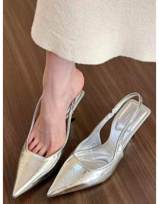 Belt Buckle Pointed-Toe Shiny Split-Joint Sling Shoes Pumps Sandals