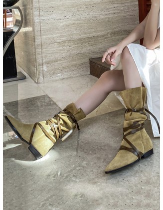 Casual Flat Heel Lace-Up Solid Color Boots