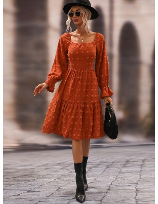 Bohemia Puff Sleeves A-Line Solid U-Neck Dress