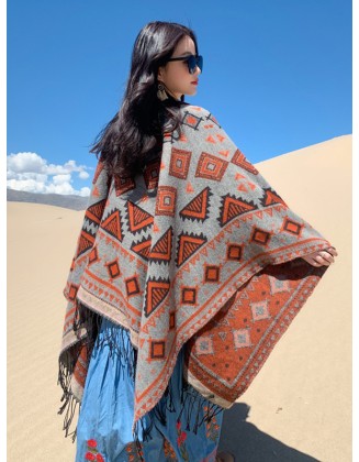 Casual Loose Print Patchwork Shawl&Cloak