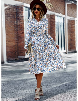 Bohemia Long Sleeves Floral Printed V-Neck Dress