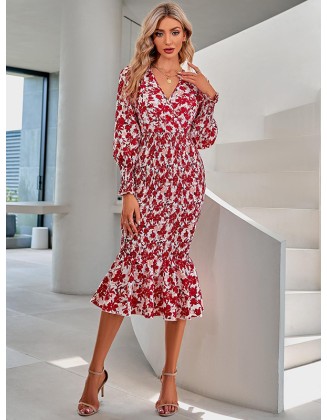 Bohemia Loose Puff Sleeves Floral Printed V-Neck Dress