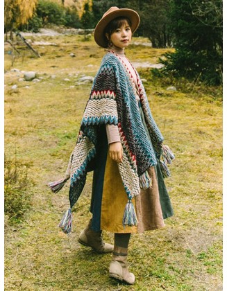 Casual Loose Tasseled Patchwork Shawl&Cloak