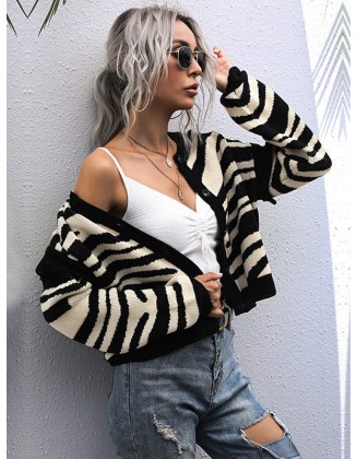 Casual Loose Striped Patchwork V-Neck Cardigan Top