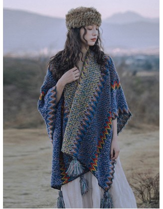 Casual Loose Tasseled Patchwork Shawl&Cloak