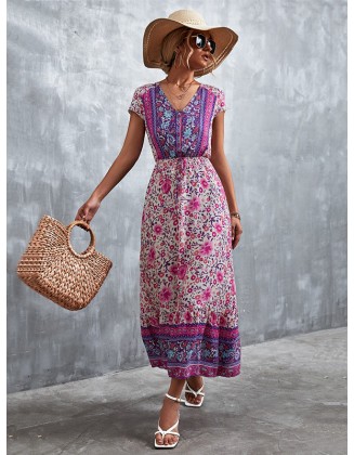 Bohemian V-Neck Button-Up Floral Print Dress