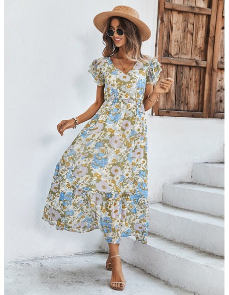 Bohemia High Waisted Floral Printed V-Neck Dress