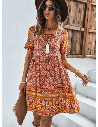 Casual A-Line Floral Printed Round-Neck Dress