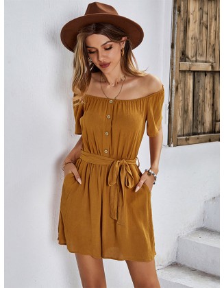 Casual Buckle Loose Solid Color One-Shoulder Jumpsuit