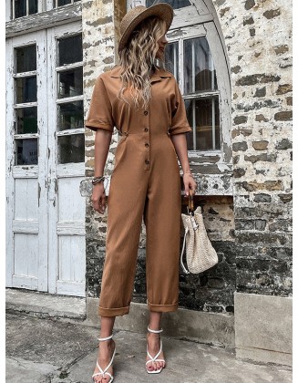 Casual Buckle Solid Color Polo Jumpsuit