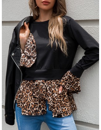 Casual Loose Leopard Patchwork Round-Neck T-Shirt