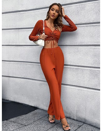 Casual High Waisted Solid Color V-Neck Two Pieces Set