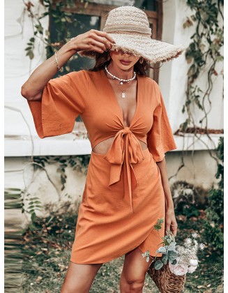 Casual Half Sleeves Solid Color V-Neck Dress