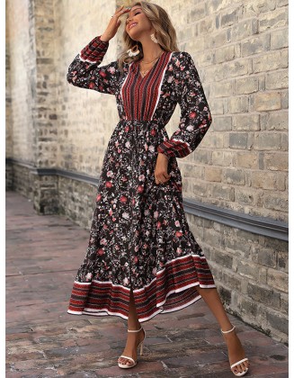 Bohemia Puff Sleeves Floral Printed V-Neck Dress