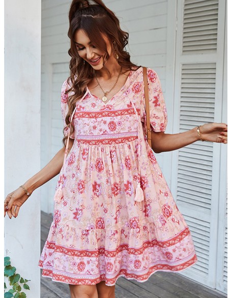 Bohemia High Waisted Floral V-Neck Dress