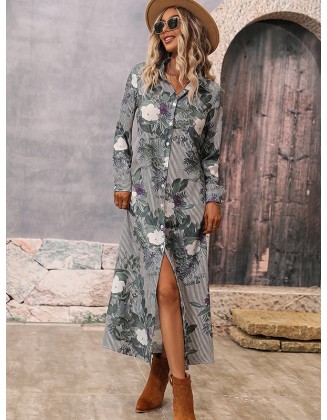 Casual Long Sleeves Floral Polo Dress