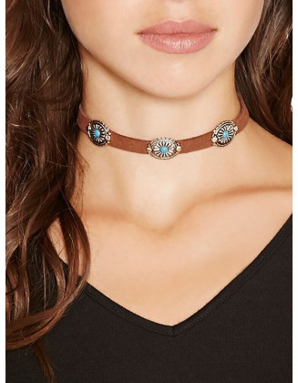 Bohemian Retro Simple Metal Flower Plate Turquoise Neck Chain Collar