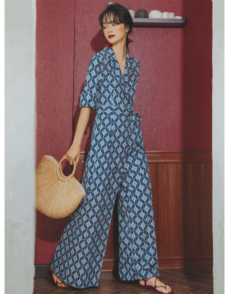 Vacation Loose Floral Printed Lapel Collar Jumpsuit