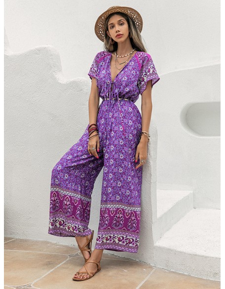 Bohemia Half Sleeves Loose Floral Printed V-Neck Jumpsuit