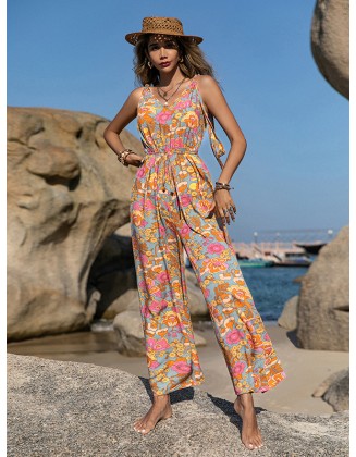 Bohemia Loose Sleeveless Floral Printed V-Neck Jumpsuit