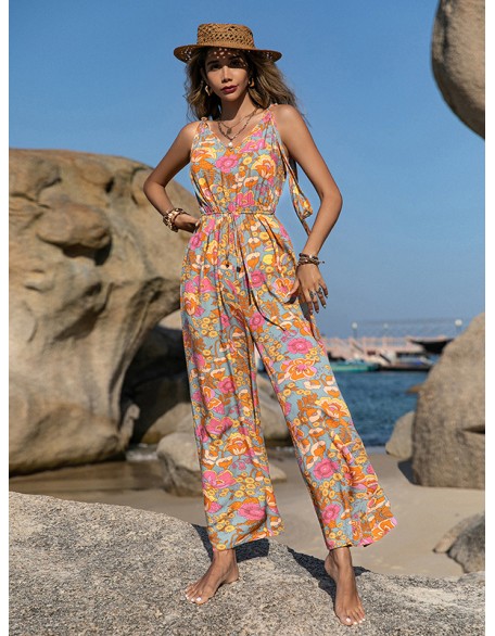 Bohemia Loose Sleeveless Floral Printed V-Neck Jumpsuit