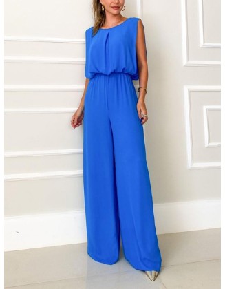 Backless Hollow Solid Color High-Low Wide Leg Round-Neck Jumpsuits Bottoms