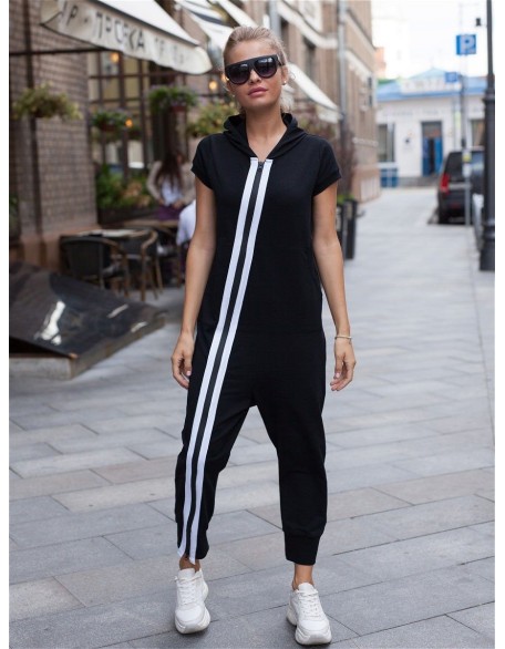 Fashion Stripes Zipper Hooded Jumpsuits