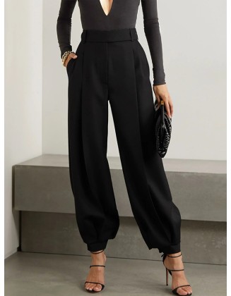 Simple High Waisted Black Casual Harem Pants Bottoms