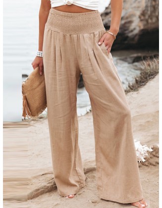 Simple Casual Solid Color Ramie Cotton Wide Legs Pants