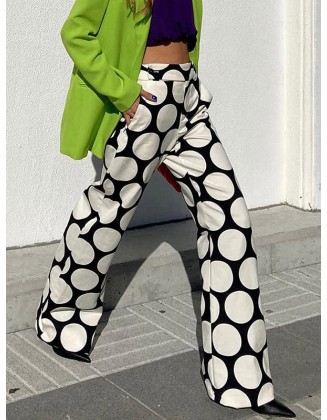 Original Contrast Color Polka-Dot Printed Wide Leg Pants