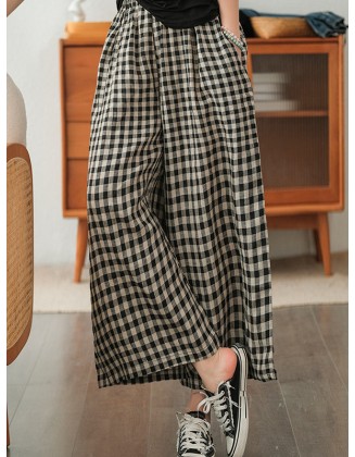 Artistic Retro Linen Loose Wide Legs Plaid Drawstring Pants