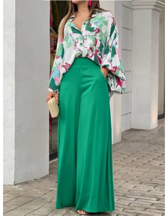 Original Contrast Color Blouse&Solid Wide Legs Pants 2 Pieces Set