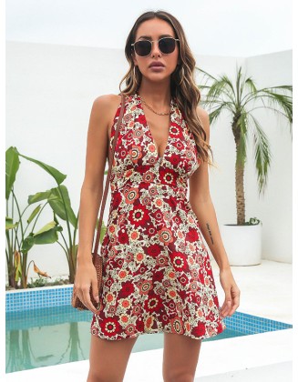 Women Sleeveless Floral Backless Bohemia Dress