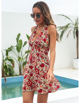 Women Sleeveless Floral Backless Bohemia Dress