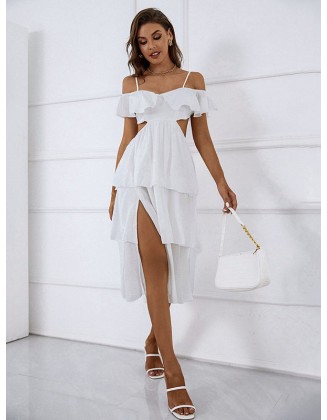 Vacation A-Line Solid Color Patchwork One-Shoulder Maxi Dress