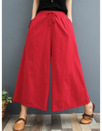 Simple Wide Leg Loose Drawstring Solid Color Casual Pants Bottoms