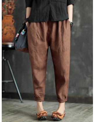 Loose Elastic Waist Ramie Cotton Pants