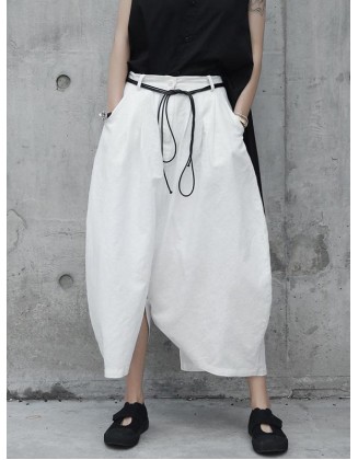 Loose White Linen Split-side Harem Pants