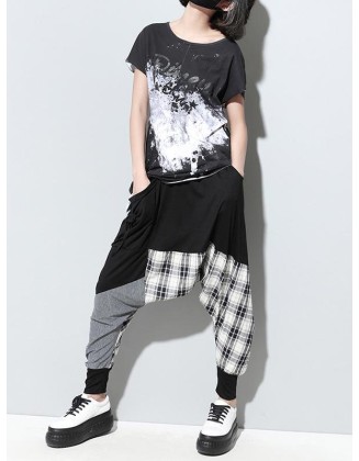 Loose Plaid Split-joint Harem Pants