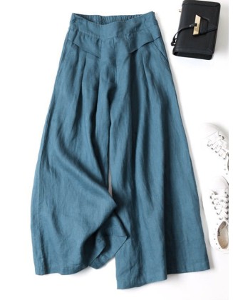 Solid Color Ramie Cotton Plus Size Loose Ninth Wide-Leg Pants