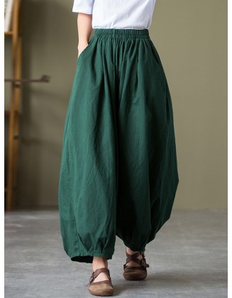 Simple Loose Linen Solid Color Pleated Drawstring Wide Legs Knickerbockers