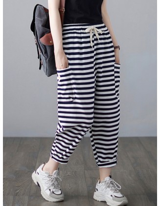 Loose Striped Drawstring Harem Sports Pants