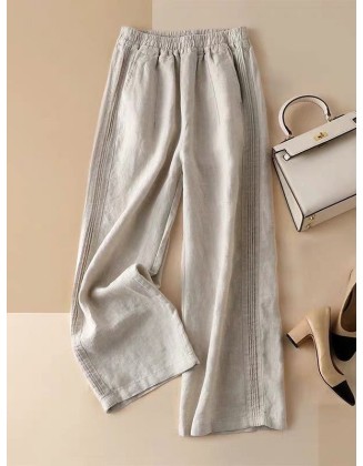 Ruffle Ramie Cotton Elasticity Loose Casual Wide-Leg Pants