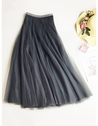 Solid Color Loose Elastic-Waist Mesh Skirt