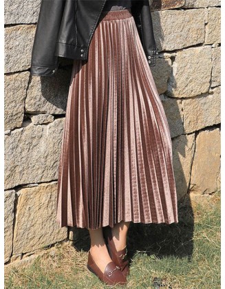 Solid Color High-Waist Pleated A-Line Skirt