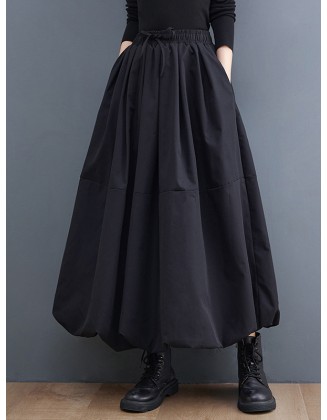 Urban Loose Drawstring High Waisted Black Bubble Skirt