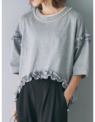 Beaded Ruffled Solid Color Half Sleeves Round-Neck T-Shirts Tops&Pants Two Pieces Set