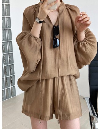 Casual Loose Solid Color Puff Sleeves Blouse&Wide Leg Shorts Two Pieces Set