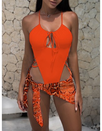 Padded Hollow Solid Color One-Piece Swimwear & Skirts Two Pieces Set