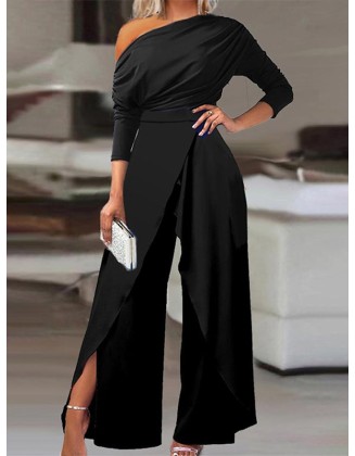 Solid Color One-Shoulder Long Sleeves T-Shirt + High-Waisted Wide Leg Pants Trousers Two Pieces Set